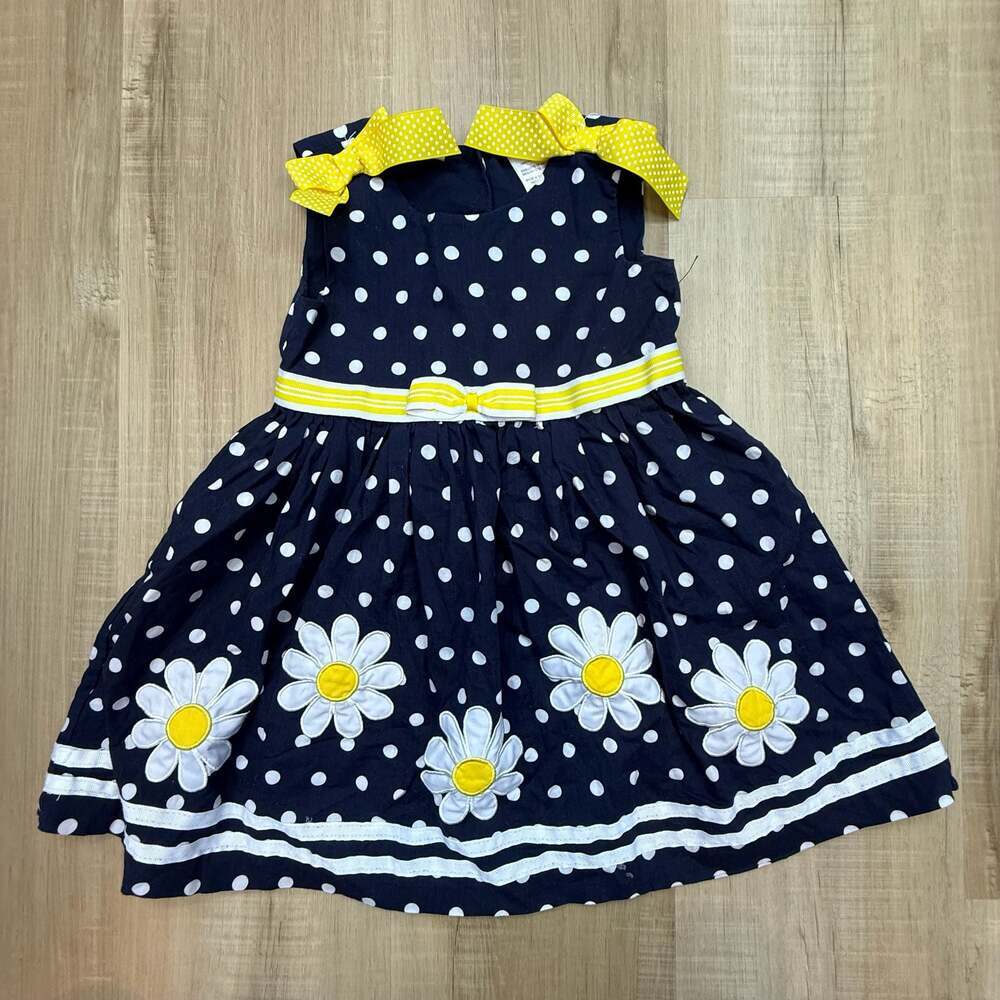 Blueberi Boulevard Navy Polka Dot Daisy Dress with Yellow Bows, Size 3T